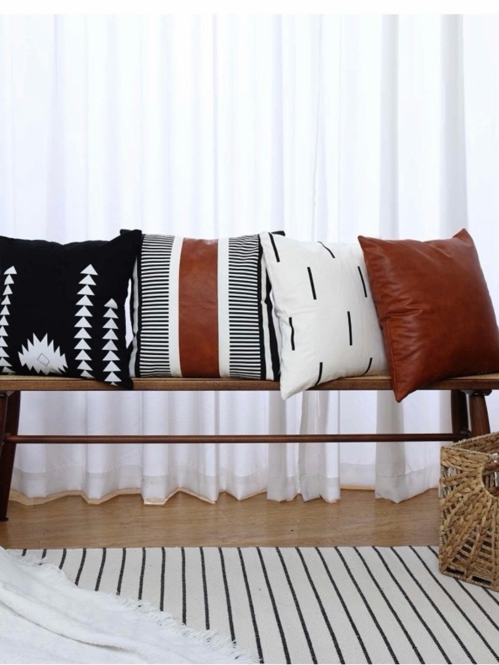 Set of Decorative Throw Pillow Covers Faux Leather- Black, White & Cognac Brown